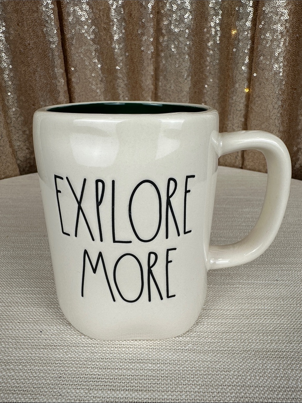 Rae Dunn EXPLORE MORE Mug Green Interior Mountain Double Sided NWT